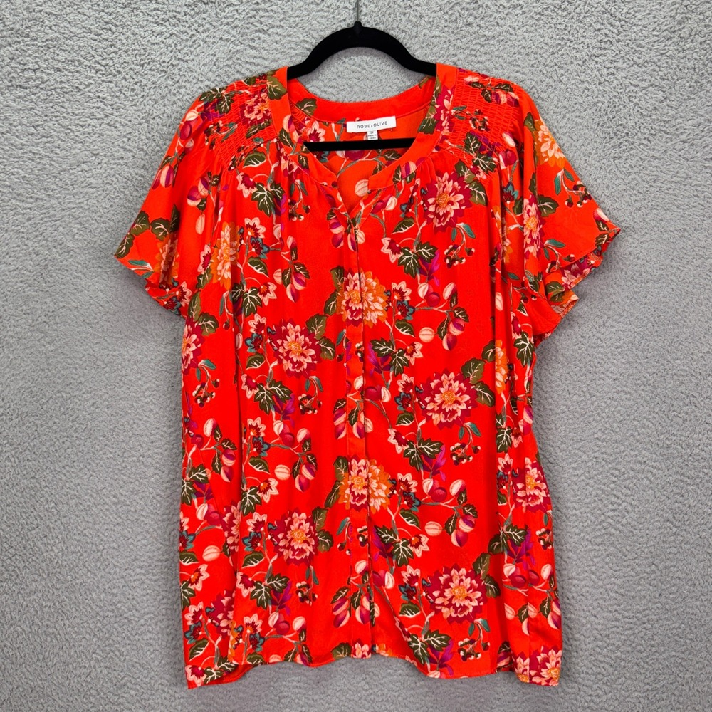 Rose+Olive Top Womens 2X Orange Floral Smocked Split Neck Flutter Sleeve Blouse